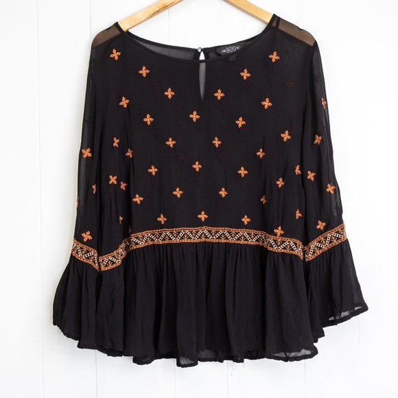 Michael Studio Tops - Michael Studio Collection Sheer Boho with Embroidery Top, Size 16